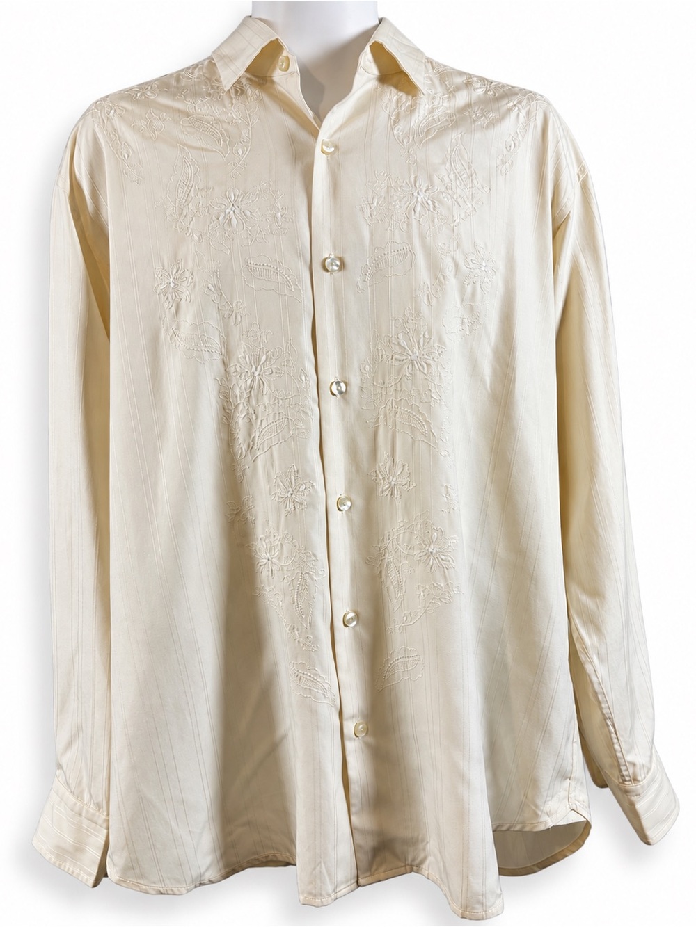 Tommy Bahama Silk Cotton Embroidered Cream Button Down Shirt L Coastal Luxe
